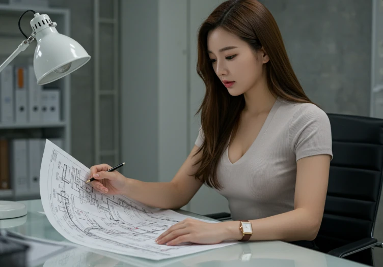 복잡한 파이프 라인 도면을 살펴보는 한국인 여성