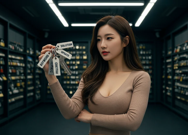 다섯 개의 서로 다른 열쇠를 들고 있는 한국인 여성