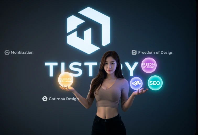 티스토리 로고 앞에서 세 개의 빛나는 구슬을 든 한국인 여성