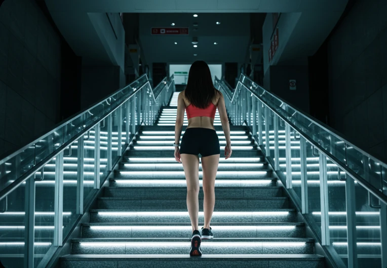 길고 밝은 계단을 오르는 한국인 여성