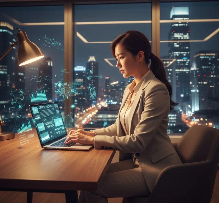 노트북 앞에서 블로그 작업을 하는 세련된 한국 여성. 도시 야경과 디지털 데이터 흐름이 배경에 겹쳐져 블로그 수익화와 개인정보 보호 시대의 전략을 상징 노트북 앞에서 블로그 작업을 하는 세련된 한국 여성. 도시 야경과 디지털 데이터 흐름이 배경에 겹쳐져 블로그 수익화와 개인정보 보호 시대의 전략을 상징