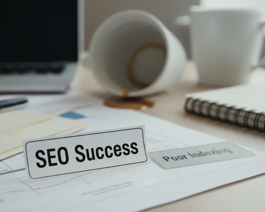 기본 도메인의 검색 색인 실패와 2차 도메인의 SEO 성공을 대비시키는 이미지