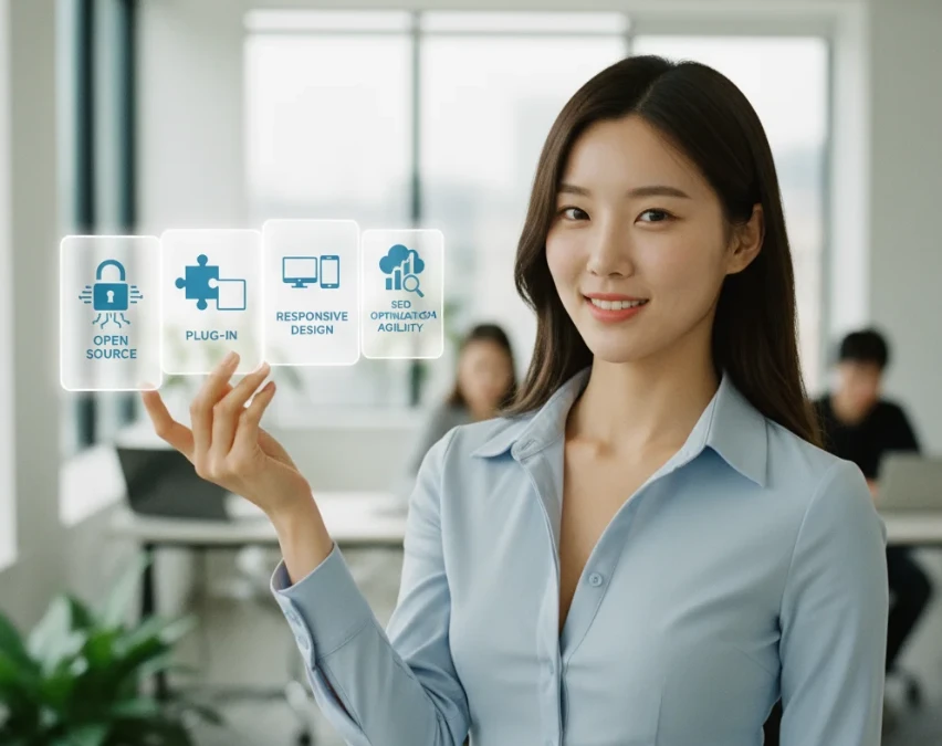 오픈 소스, 플러그인, 반응형 디자인, SEO 등 워드프레스의 4가지 주요 장점을 쉽게 다루는 20대 한국 여성