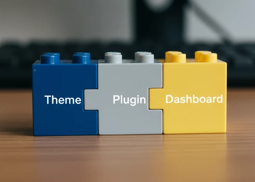 테마, 플러그인, 대시보드 세 가지 핵심 요소가 맞물려 워드프레스 웹사이트를 구성하는 모습