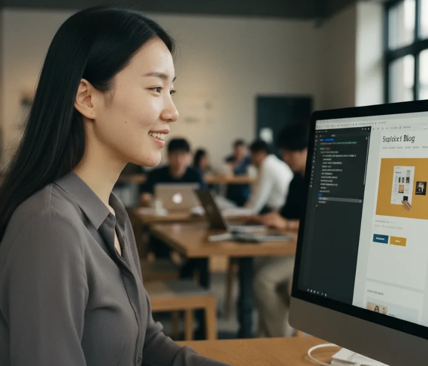 CSS 코드를 수정하자 실시간 미리보기 화면에서 블로그 디자인이 즉시 변경되는 것을 확인하는 20대 한국 여성