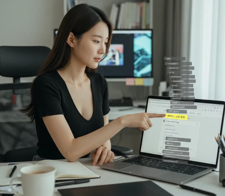 티스토리 관리자 페이지에서 꾸미기-스킨 편집 메뉴로 이동하여 HTML/CSS 코드 편집을 시작하는 20대 한국 여성