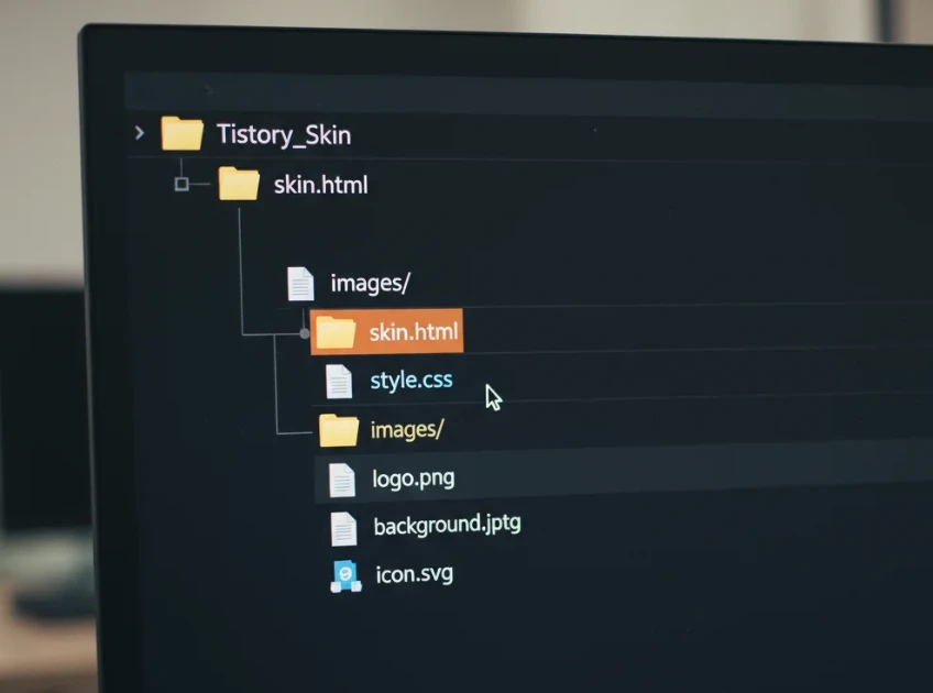 skin.html, style.css, images 폴더로 구성된 티스토리 스킨 제작의 필수 폴더 구조