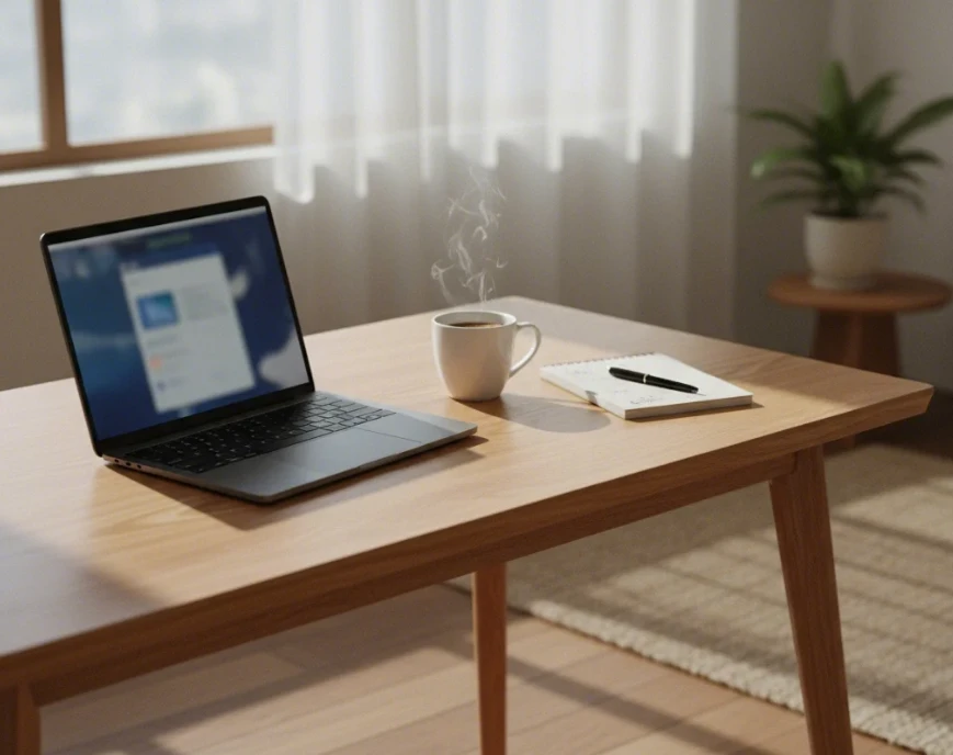 미니멀한 책상 위에 놓인 노트북과 필수 준비물을 상징하는 물건들