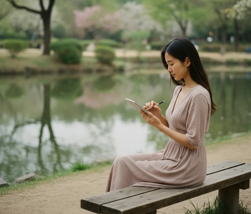 공원 벤치에 앉아 태블릿으로 애드센스 계정을 설정하는 한국 여성