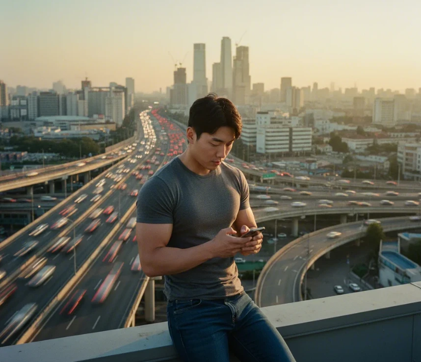 도심 옥상에서 휴대전화로 광고 노출을 확인하는 한국 남성