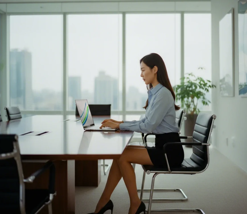 회의실에서 노트북으로 애드센스 수익 보고서를 분석하는 한국 여성