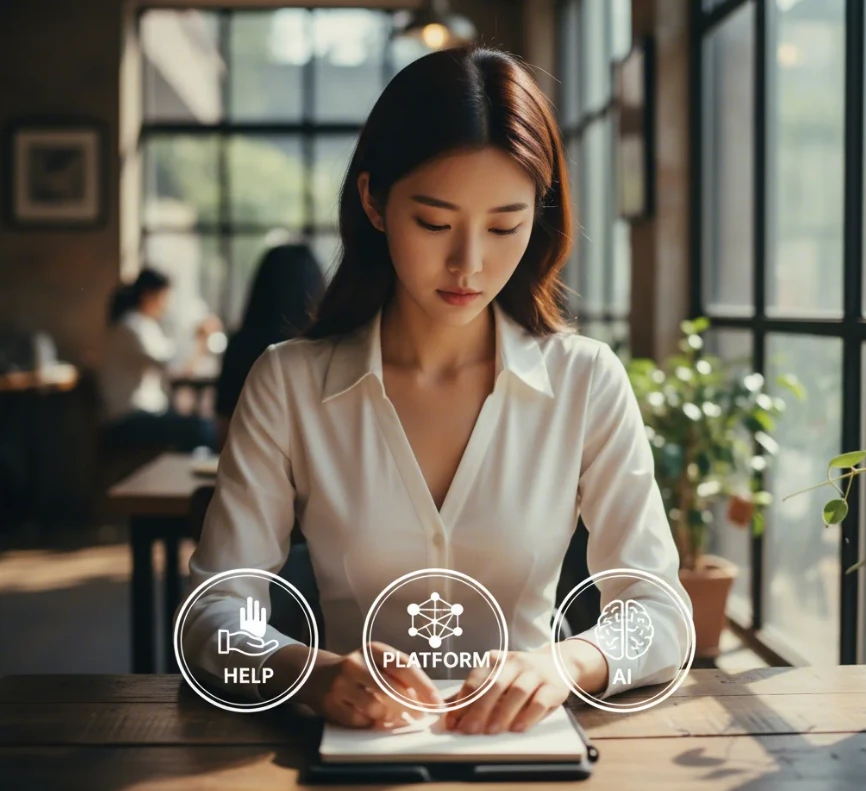 한국 여성이 '도움', '플랫폼', 'AI' 세 가지 주제가 강조된 계획표를 응시하는 모습