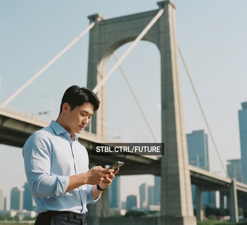 한국 남성이 안정적인 다리를 배경으로 트래킹 링크를 관리하는 모습