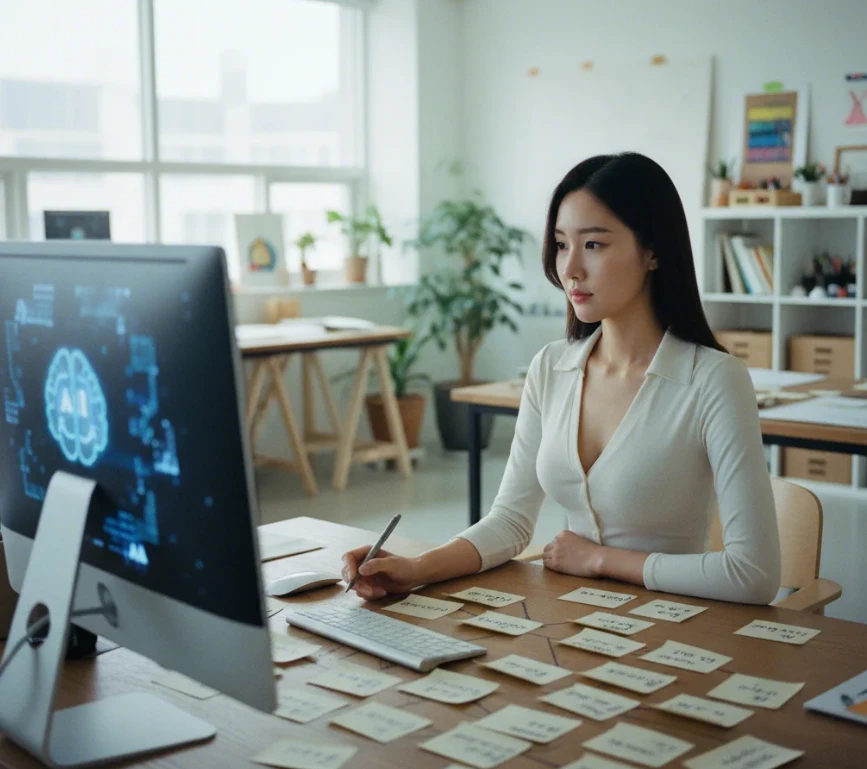 한국 여성이 AI 도구 화면과 롱테일 키워드 메모를 보며 콘텐츠를 기획하는 모습