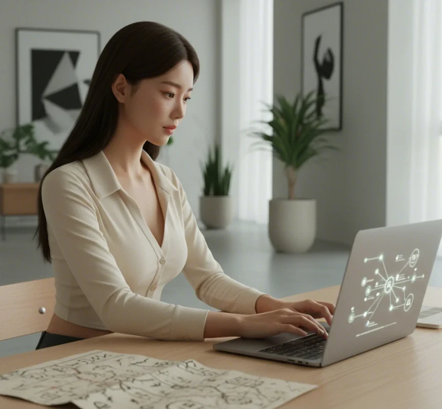 한국 여성이 과거의 검색 전략 대신 홈피드 노출을 위한 새로운 제목 전략에 집중하는 모습