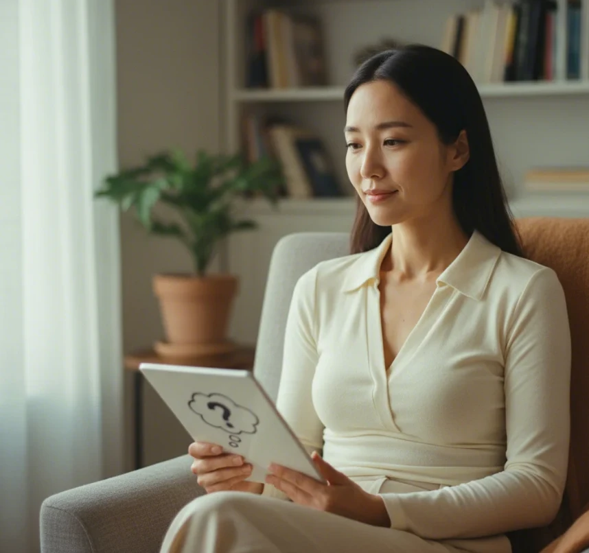 한국 여성이 독자의 고통점(Pain Point)에 공감하며 해결책을 제시하는 모습 한국 여성이 독자의 고통점(Pain Point)에 공감하며 해결책을 제시하는 모습