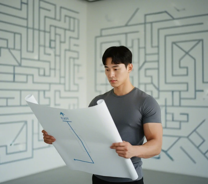 한국 남성이 복잡한 미로 속에서 독자를 유도할 명확한 글의 설계를 하는 모습 한국 남성이 복잡한 미로 속에서 독자를 유도할 명확한 글의 설계를 하는 모습