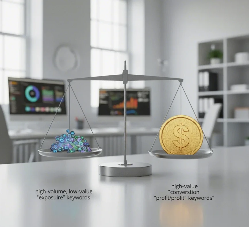 노출과 수익 키워드의 중요성을 비교하는 저울 노출과 수익 키워드의 중요성을 비교하는 저울