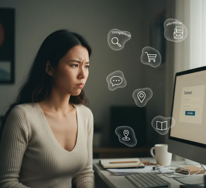 한국 여성이 6가지 유형의 키워드를 고민하며 결정을 앞두는 모습 한국 여성이 6가지 유형의 키워드를 고민하며 결정을 앞두는 모습