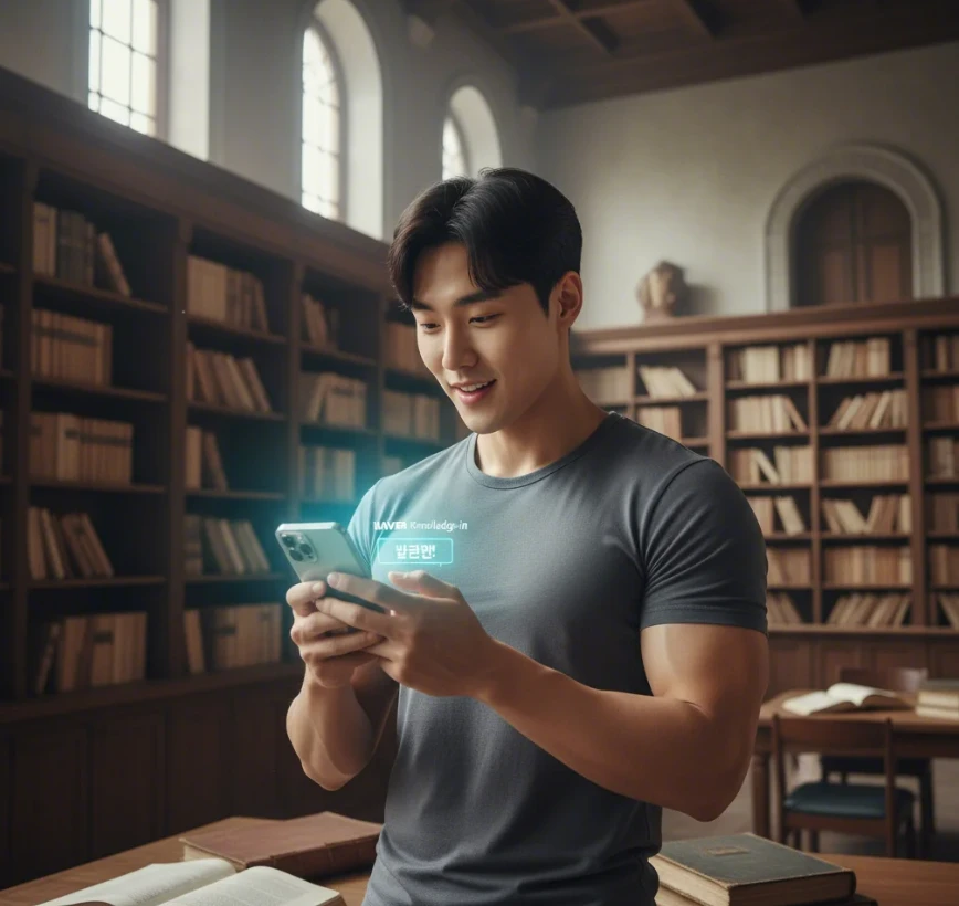 한국 남성이 네이버 지식인 질문에서 전환율 높은 키워드를 발견하는 모습 한국 남성이 네이버 지식인 질문에서 전환율 높은 키워드를 발견하는 모습