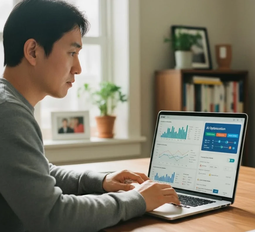 Ezoic 대시보드에서 AI 최적화를 확인하는 한국 남성