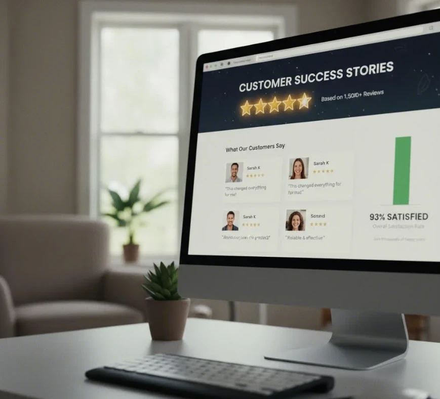 고객 후기와 통계가 포함된 블로그 섹션