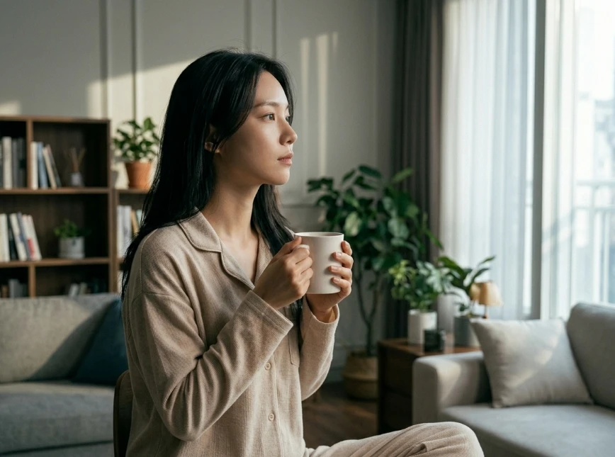 차분한 분위기의 방에서 책을 읽으며 생각에 잠긴 모습
