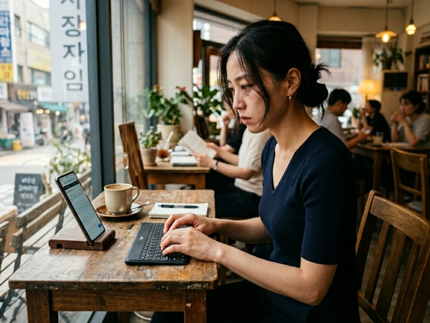 좁은 화면에서 블루투스 키보드로 글을 쓰는 모습