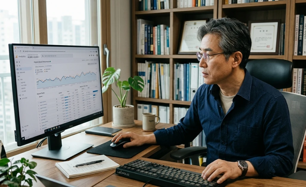 데이터 분석 화면을 보며 심각하게 고민하는 모습