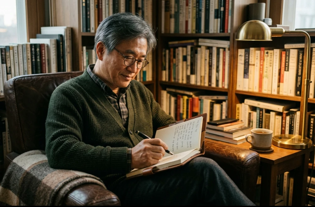 노트에 생각을 정리하며 글을 쓰는 모습
