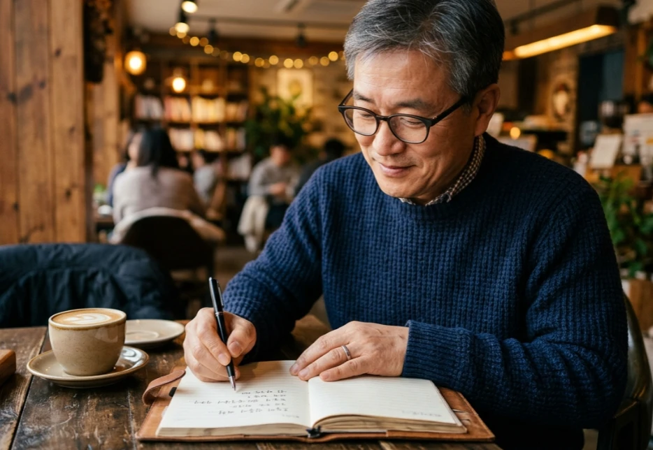 수첩에 롱테일 키워드를 메모하며 웃고 있는 50대 한국인 남성