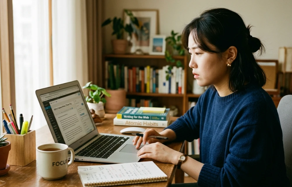 블로그 운영 지표를 분석하며 새로운 계획을 세우는 모습 블로그 운영 지표를 분석하며 새로운 계획을 세우는 모습