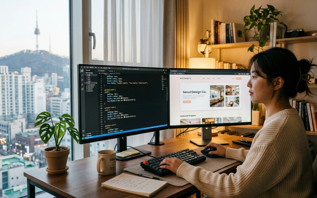 웹 디자인 코드를 수정 중인 듀얼 모니터 환경
